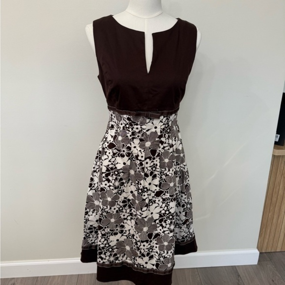 Perceptions Brown and White Floral Midi Dress